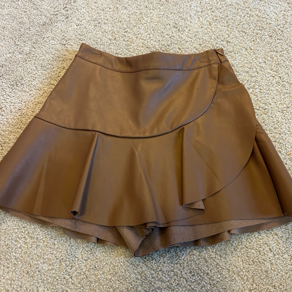 Brown Faux Leather Skirt with Ruffle Detail